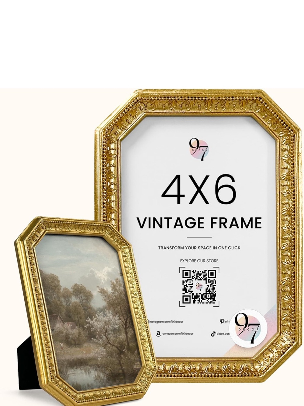 97 Decor Vintage Picture Frame 4x6, Gold Ornate Antique Frame, Glass Front.